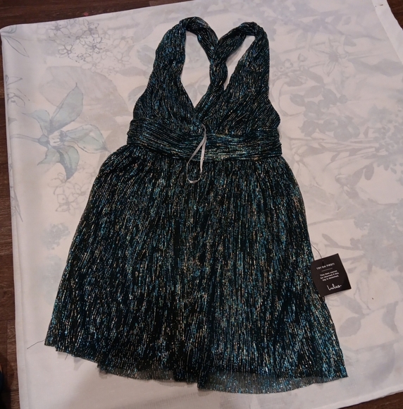 Lulus Ailey Gold and Teal Blue Skater Dress Size S - Picture 3 of 7